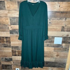 Gracyoga Women Long Sleeve V Neck Loose Plain Casual Long Midi Dress Green Large